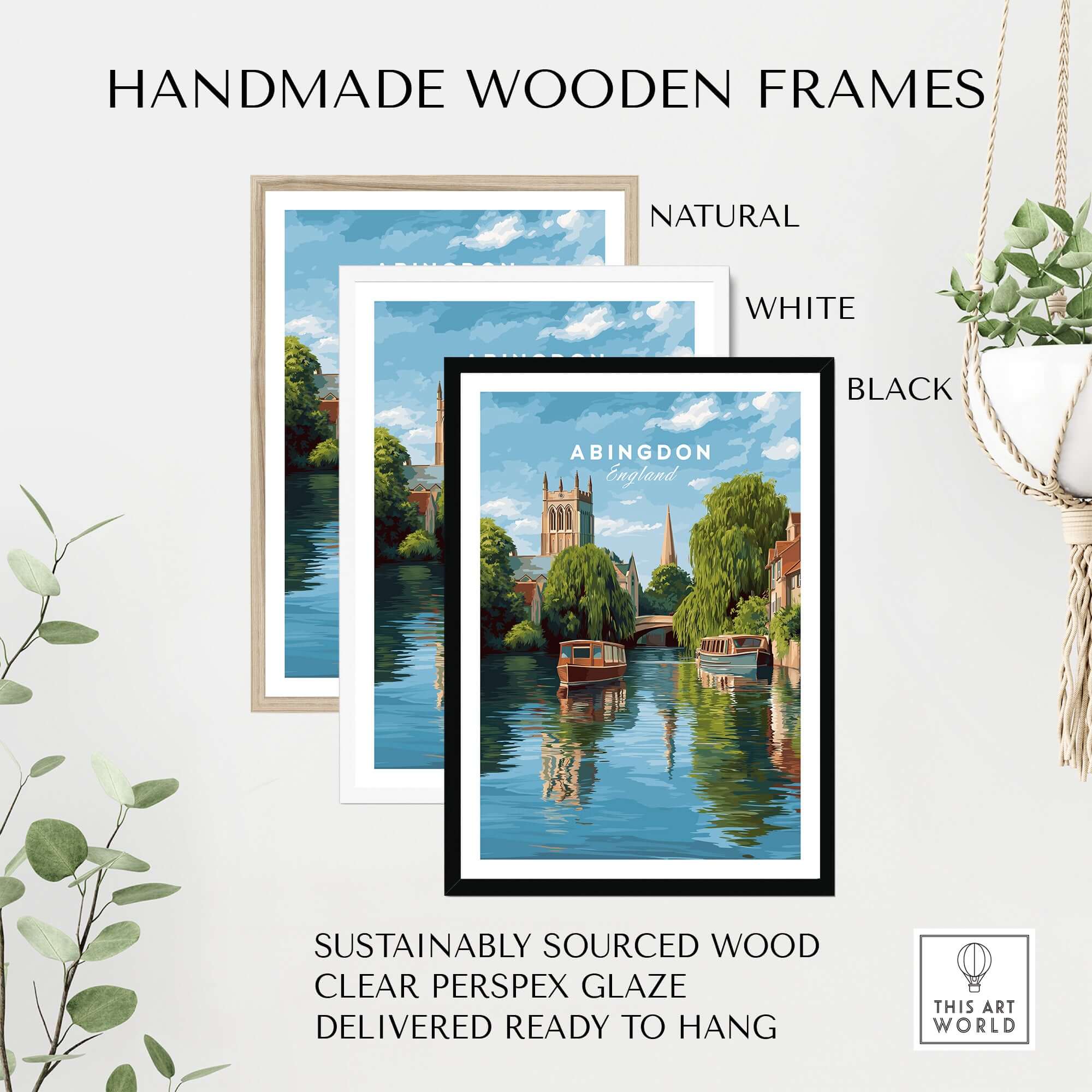 Abingdon England River Boats Art Print - Picturesque Town Poster in handmade wooden frames including natural, white, and black.