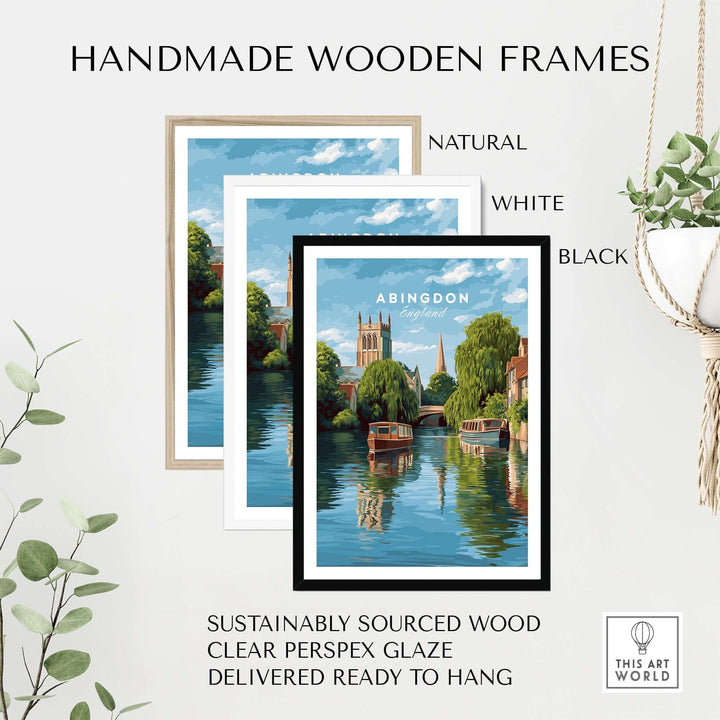 Handmade wooden frames in natural, white, and black. Abingdon art print with riverside view, sustainably sourced wood.