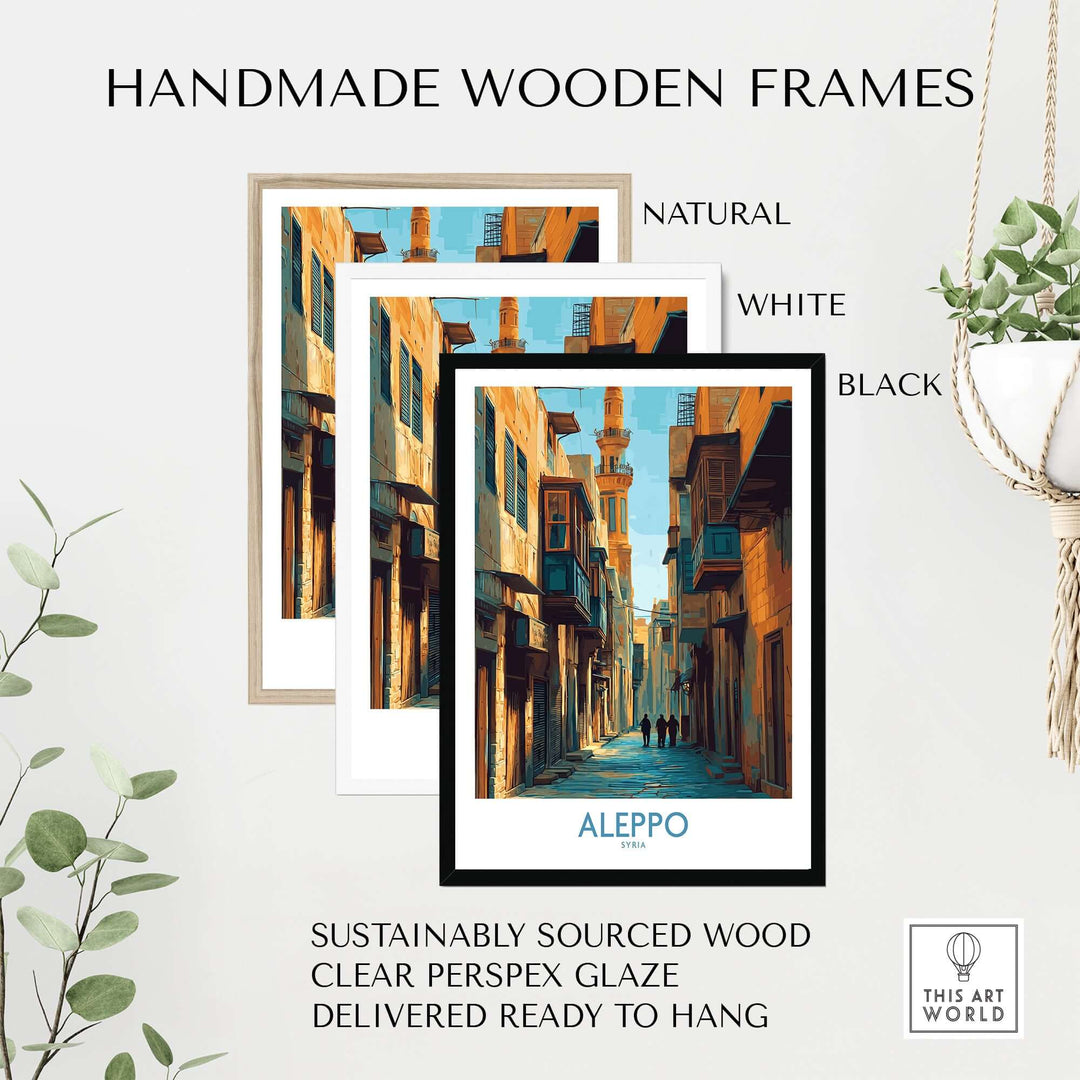 Three handmade wooden frames in natural, white, and black, displaying a vibrant Aleppo poster with sustainable materials.