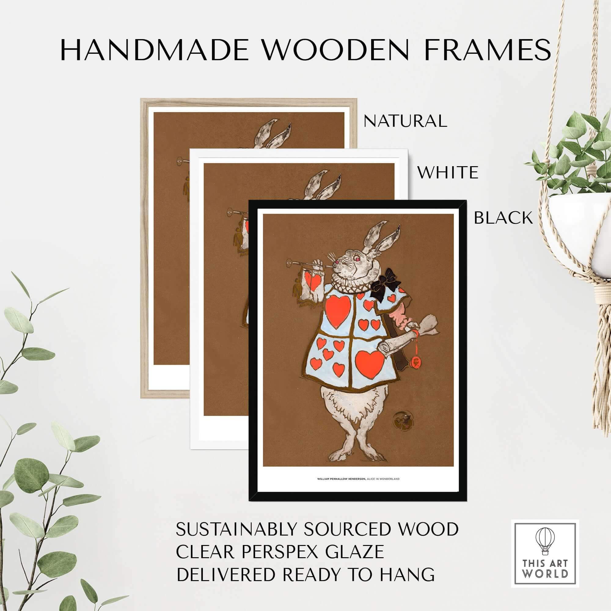 Exhibition Art Print William Henderson White Rabbit Alice in Wonderland Vintage Poster in handmade frames available in natural, white, and black.