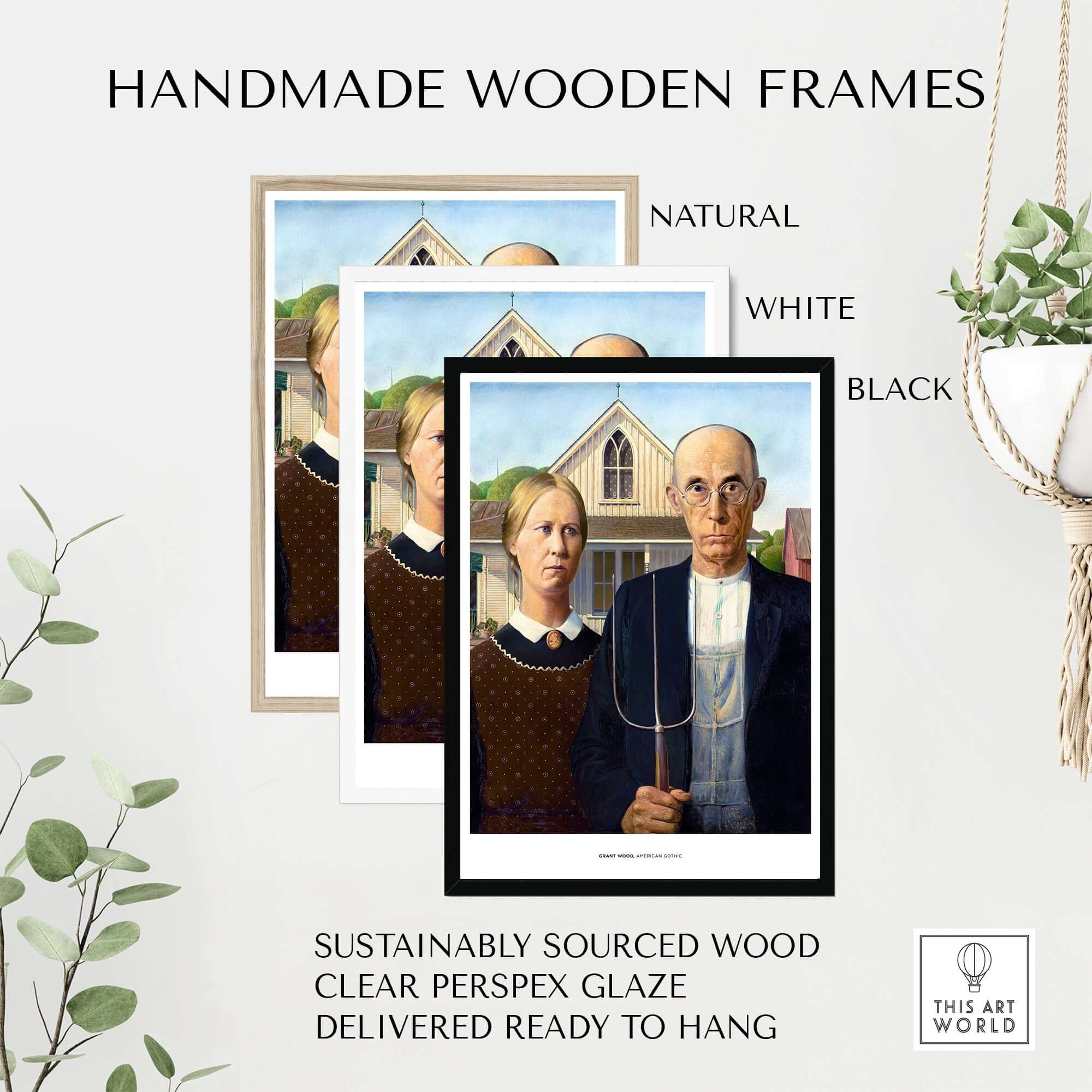 Exhibition Art Print American Gothic Grant Wood Famous Painting Wall Art Poster framed in natural, white, and black wooden frames.