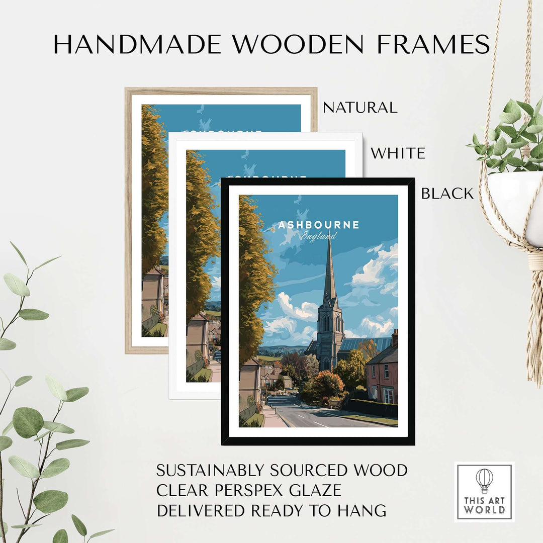Handmade wooden frames in natural, white, and black for Ashbourne art print, featuring clear perspex glaze.
