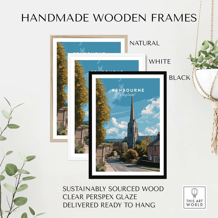 Handmade wooden frames in natural, white, and black for Ashbourne art print, featuring clear perspex glaze.