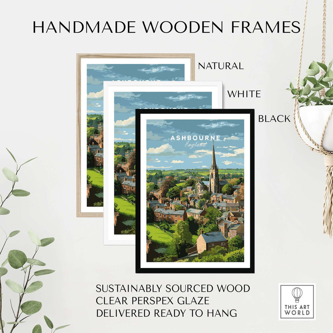 Handmade wooden frames in natural, white, and black for Ashbourne Print, sustainably sourced and ready to hang.