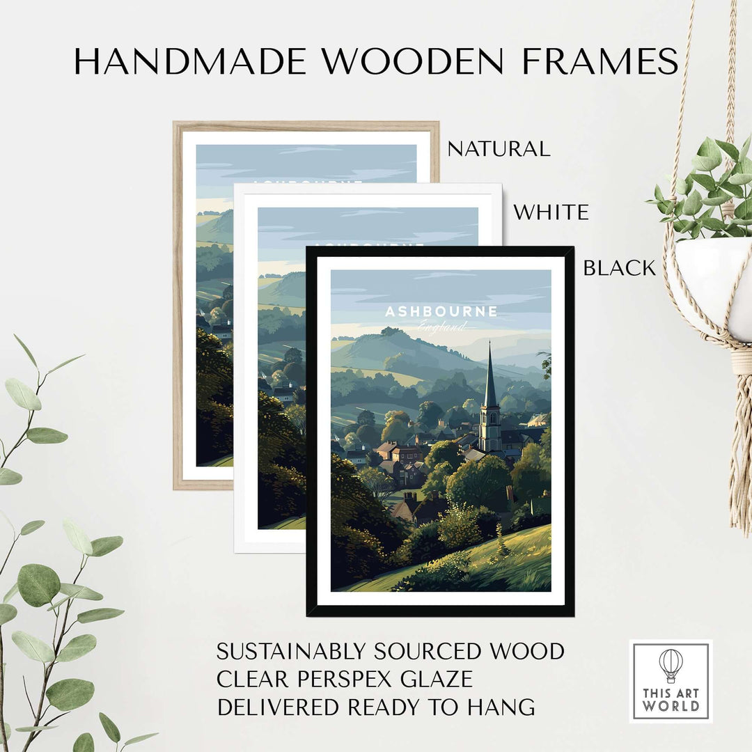 Handmade wooden frames in natural, white, and black colors for Ashbourne wall art, featuring sustainably sourced wood.