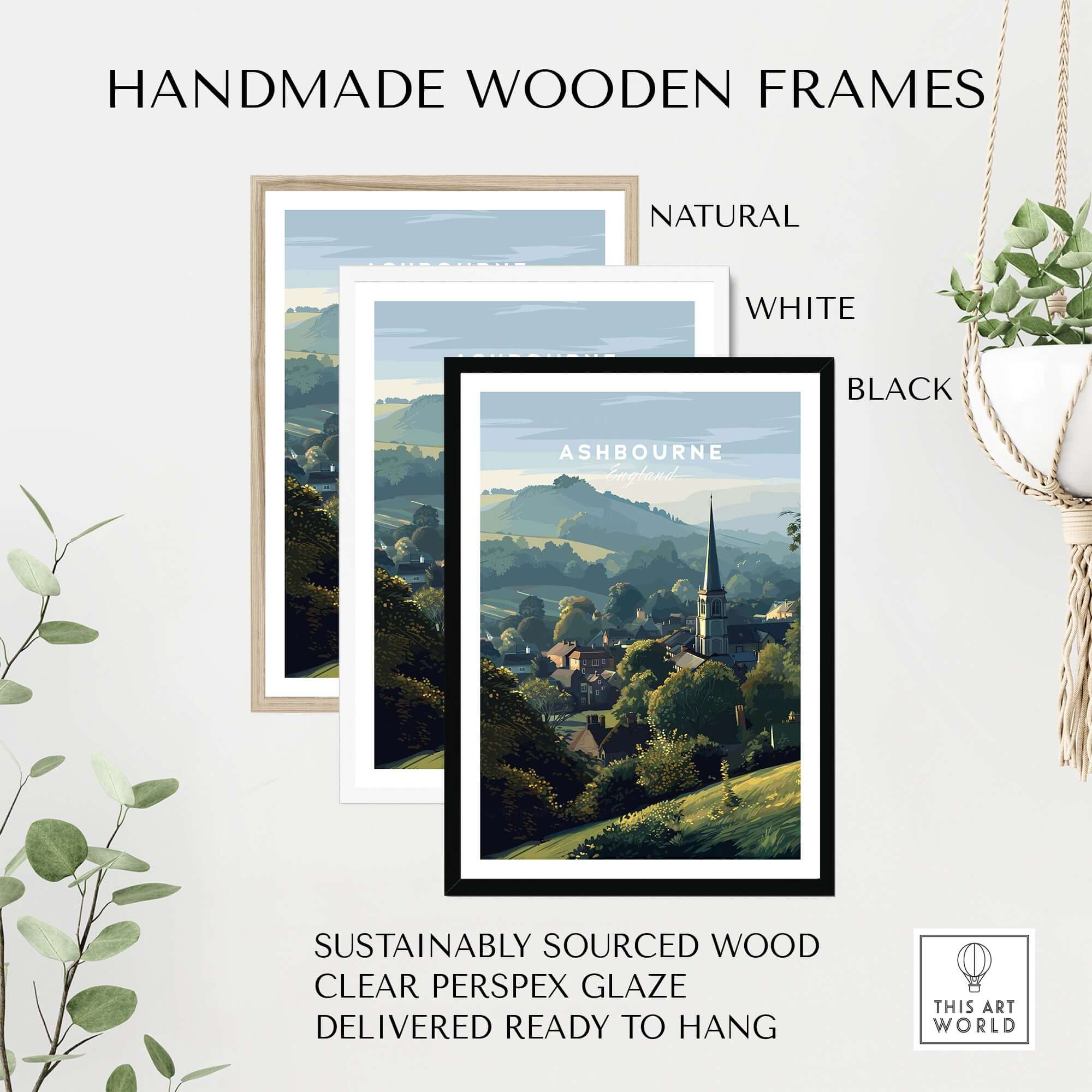 Ashbourne St Oswald's Wall Art - Rural England Print - Peaceful Village Poster in handmade wooden frames.