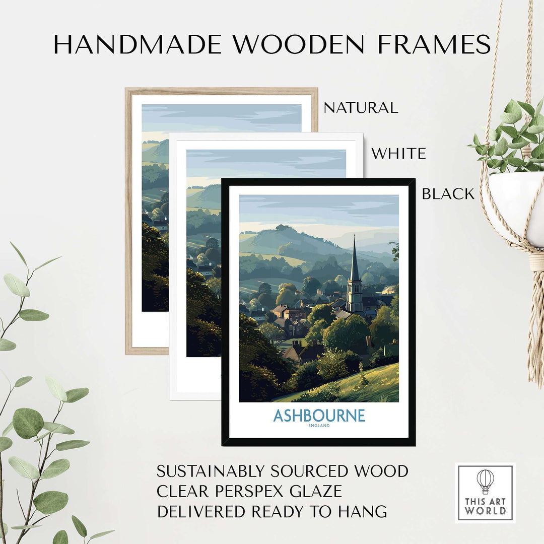 Handmade wooden frames in natural, white, and black for Ashbourne landscape print, made from sustainably sourced wood.