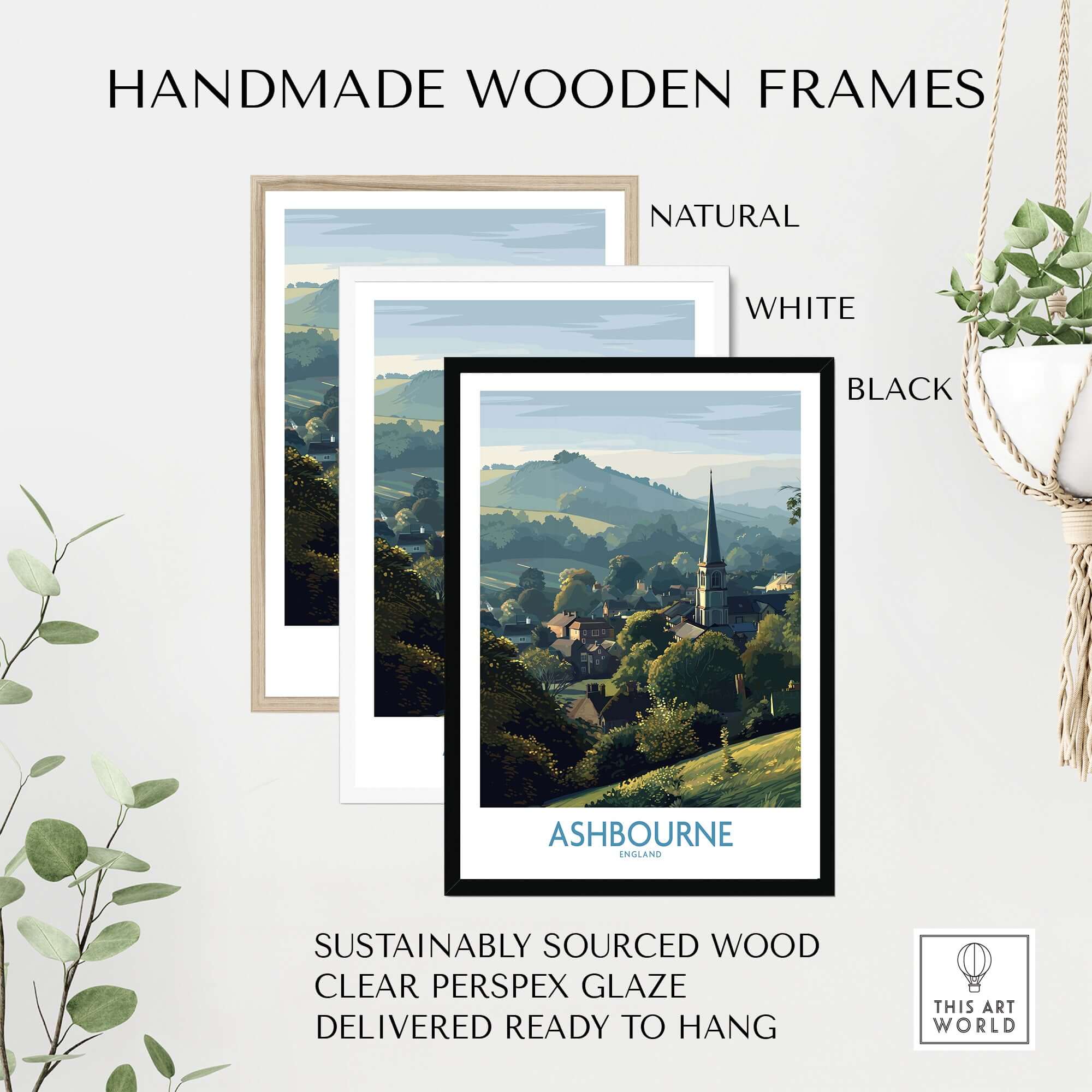 Handmade wooden frames in natural, white, and black for Ashbourne Travel Poster - English Landscape Print - Derbyshire Peak District Art.