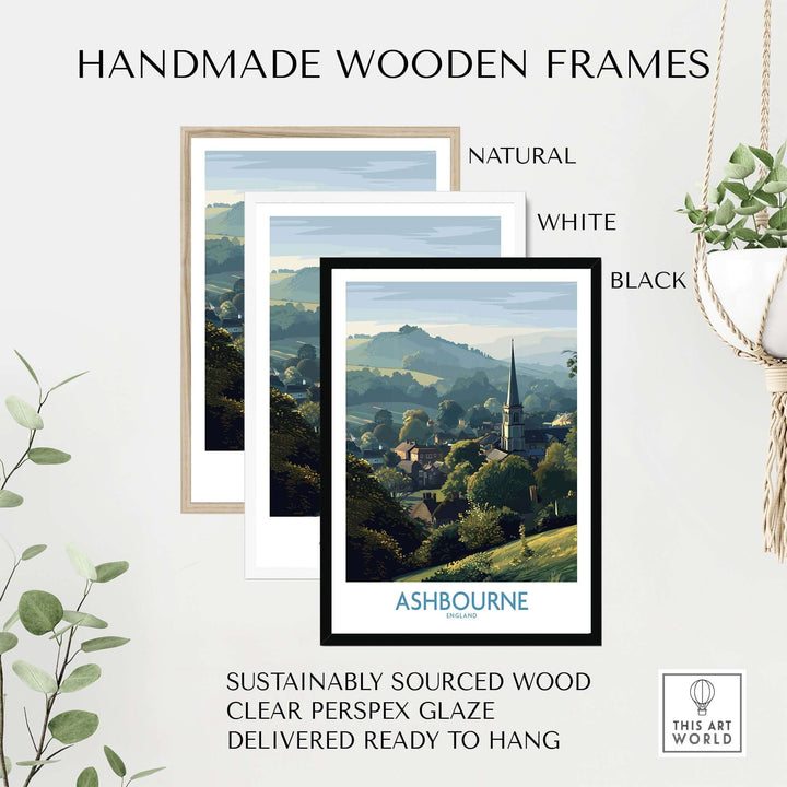 Handmade wooden frames in natural, white, and black for Ashbourne landscape print, made from sustainably sourced wood.