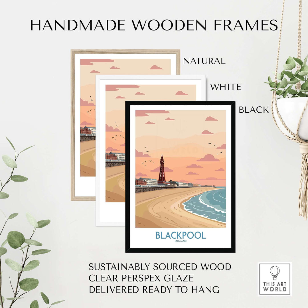 Handmade wooden frames in natural, white, and black for Blackpool Sunset Tower Beach Art Print | Pink Sky UK Coastal Poster.