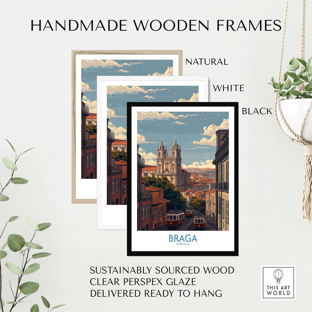 Braga Portugal Trams and Basilica Art Print | Historic City Poster displayed in handmade wooden frames.