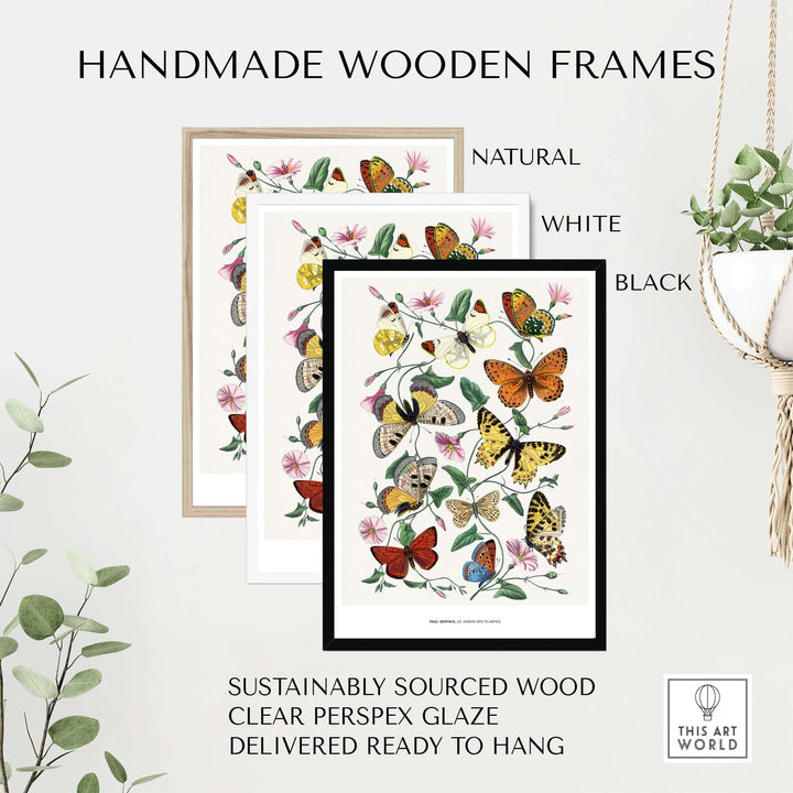 Handmade wooden frames in natural, white, and black for vintage butterfly art print, ready to hang and sustainably sourced.