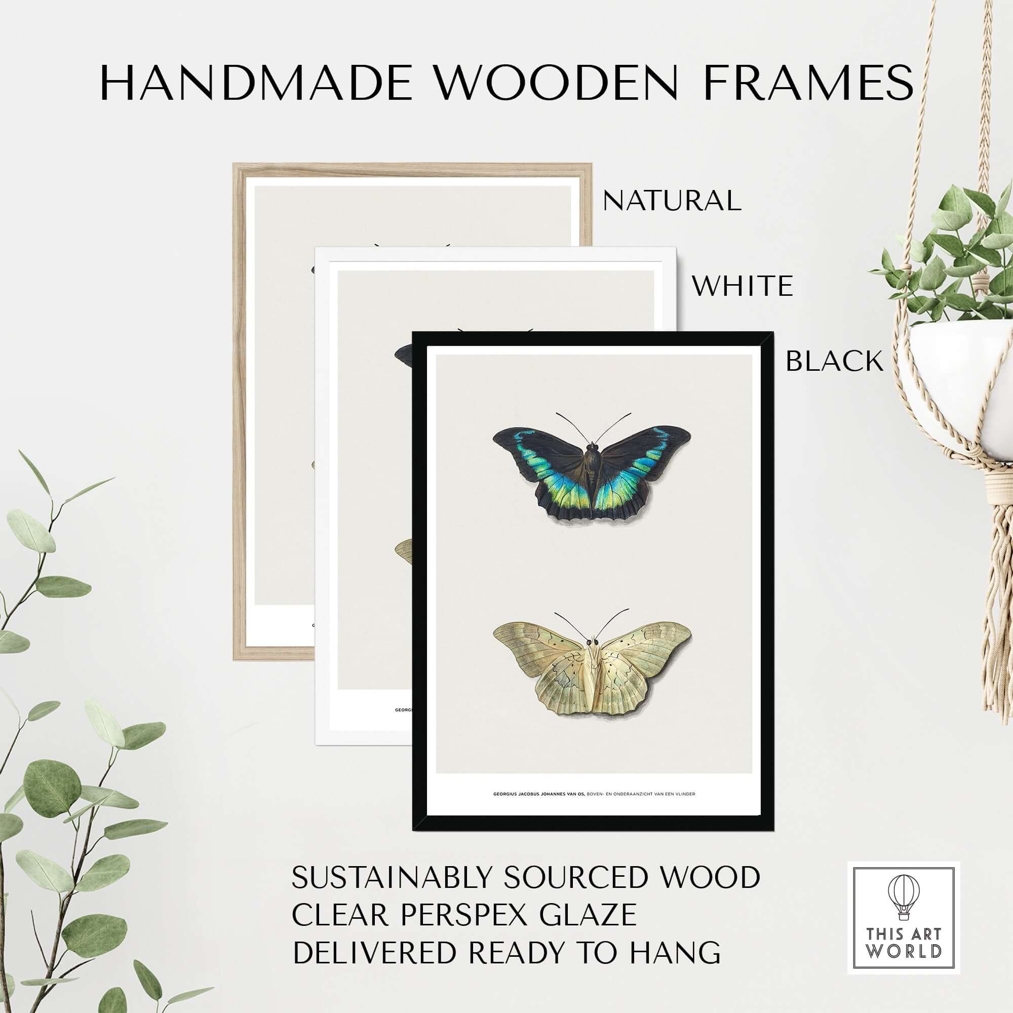 Handmade wooden frames in natural, white, and black colors for exhibition art prints.