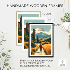 Handmade wooden frames in natural, white, and black finishes for Camino de Santiago Mountain Chapel View Print | Rustic Travel Wall Art.