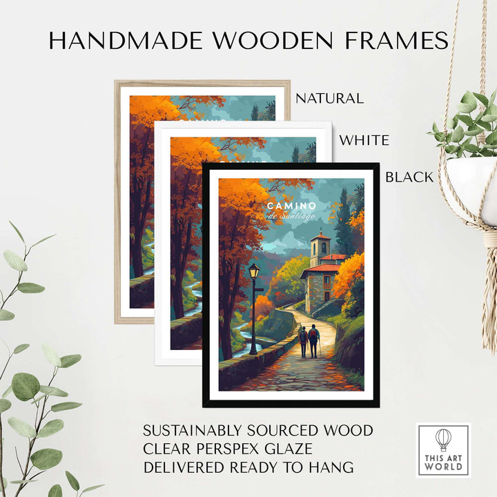Camino de Santiago Rustic Chapel Road Print | Hiking Wall Decor in handmade wooden frames available in natural, white, and black.