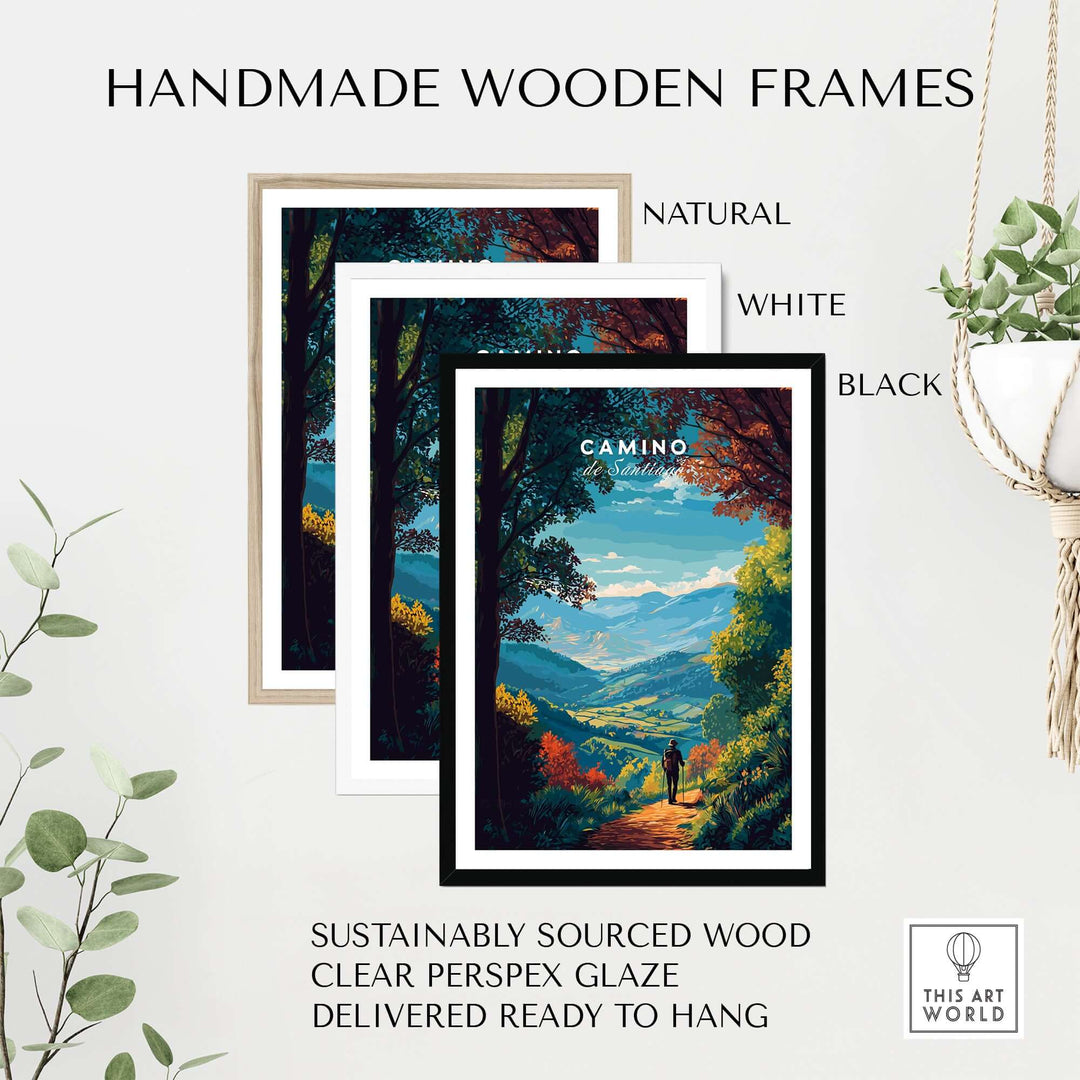 Camino de Santiago Lush Forest Landscape Print | Pilgrim Trail Wall Decor framed in natural, white, and black handmade wooden frames.