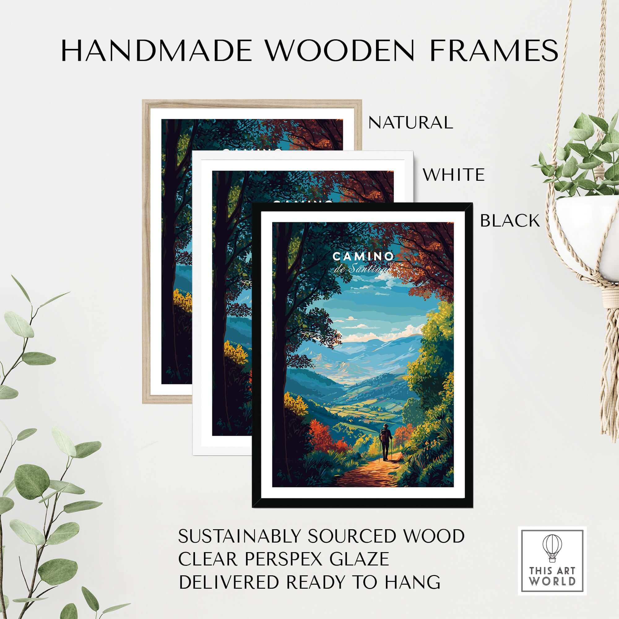 Camino de Santiago Lush Forest Landscape Print | Pilgrim Trail Wall Decor in handmade wooden frames