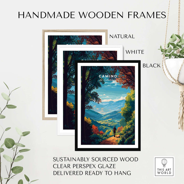 Camino de Santiago Lush Forest Landscape Print | Pilgrim Trail Wall Decor framed in natural, white, and black handmade wooden frames.