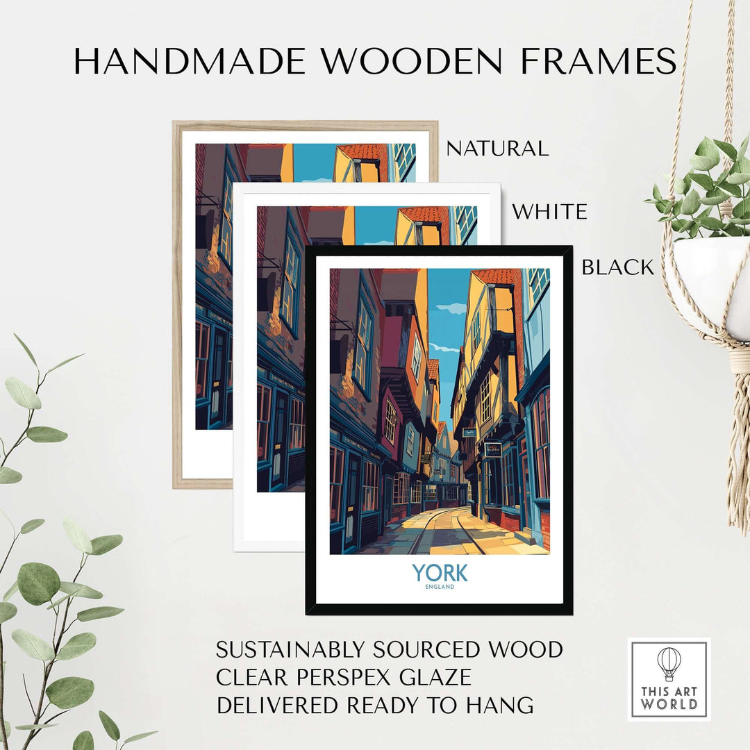 Handmade wooden frames in natural, white, and black for York cobblestone street print, sustainably sourced and ready to hang.