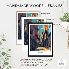 Handmade wooden frames in natural, white, and black, featuring York England Cobblestone Street Print - Historic UK Wall Decor.