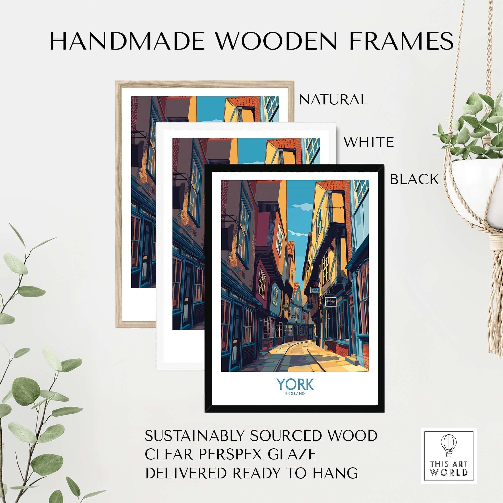 Handmade wooden frames in natural, white, and black, featuring York England Cobblestone Street Print - Historic UK Wall Decor.
