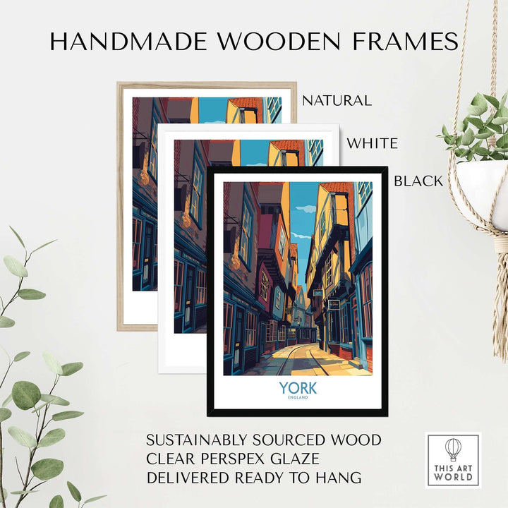 Handmade wooden frames in natural, white, and black for York cobblestone street print, sustainably sourced and ready to hang.