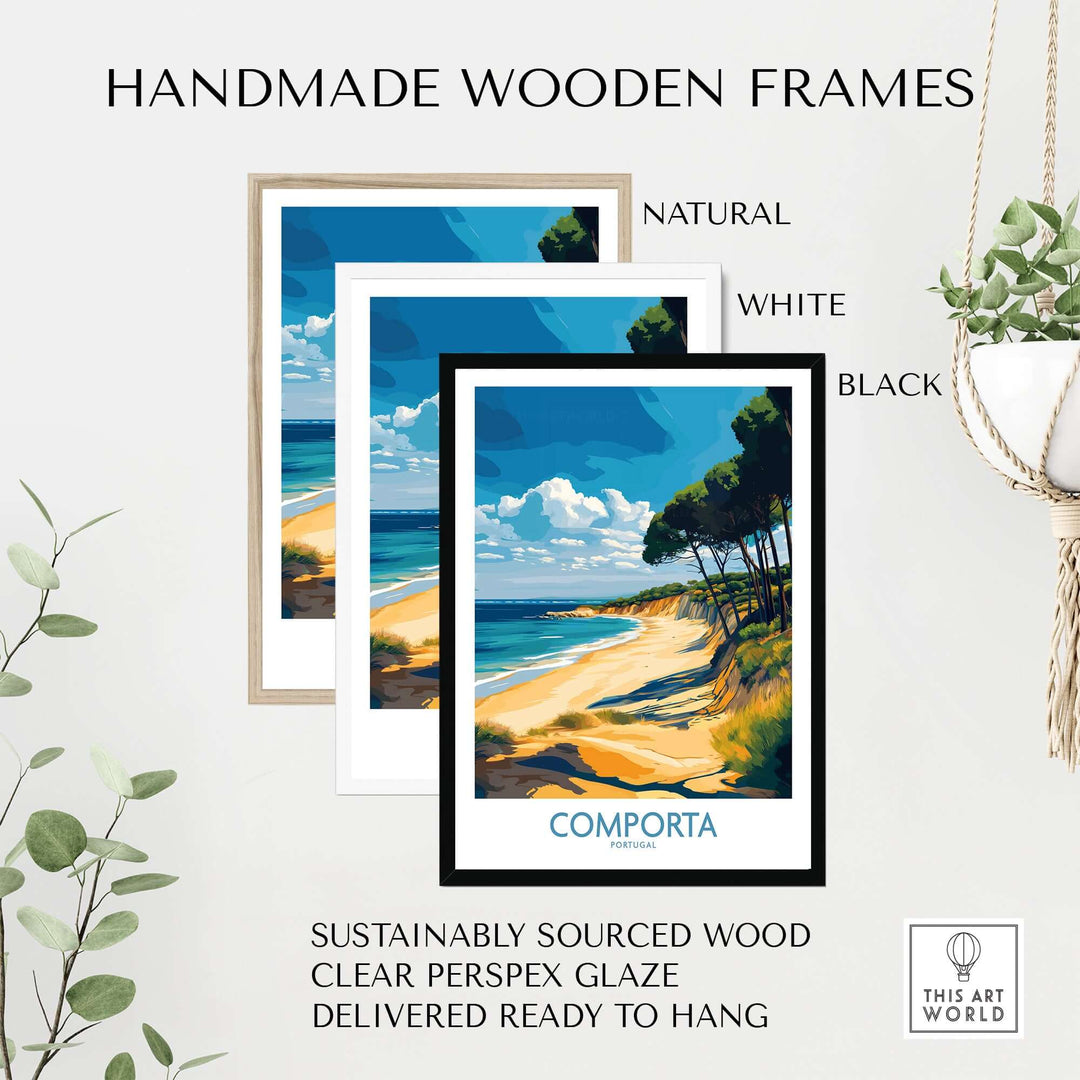 Handmade wooden frames in natural, white, and black for Comporta coastline print, made from sustainably sourced wood.
