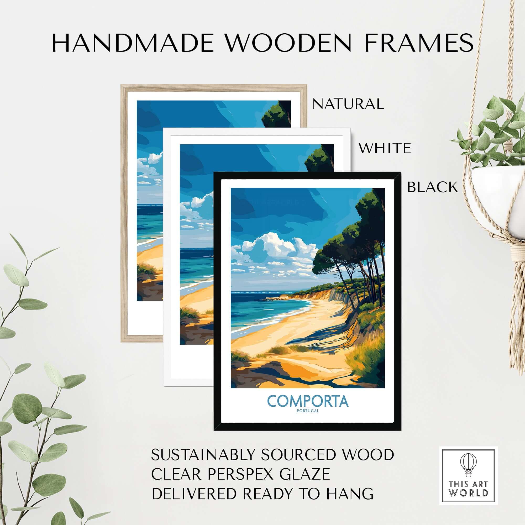 Comporta Coastline Print - Portuguese Travel Destination Decor in handmade wooden frames, natural, white, and black options.
