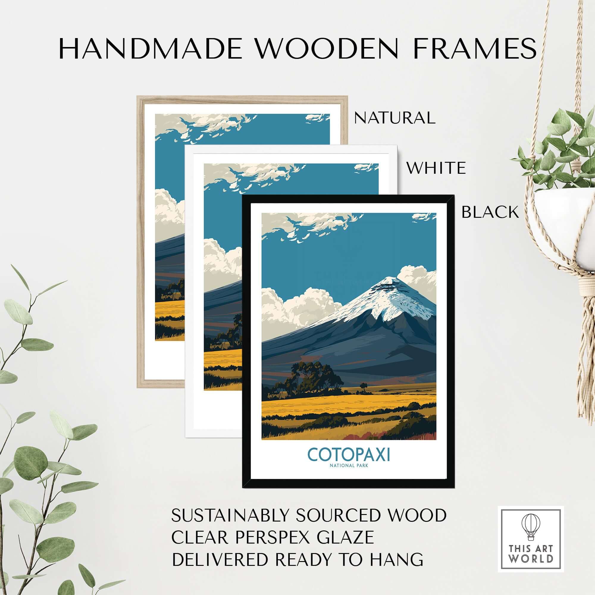 Ecuador Landscape Print Cotopaxi Volcano National Park Travel Poster Wall Art framed in natural, white, and black wood frames.