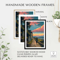 Handmade wooden frames in natural, white, and black for Camino de Santiago Sunset Path Print | Hiking Wall Decor Gift.