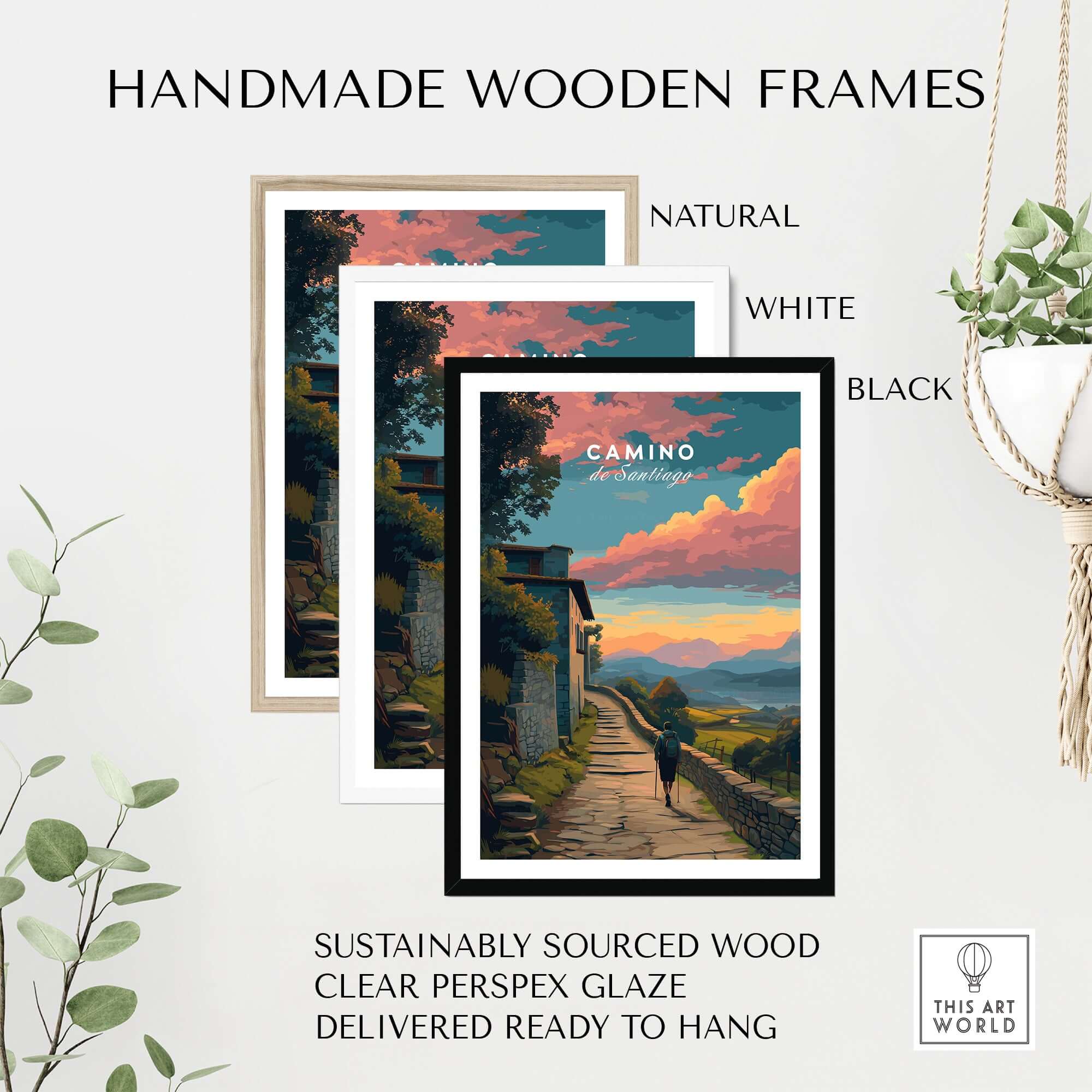 Handmade wooden frames in natural, white, and black for Camino de Santiago Sunset Path Print | Hiking Wall Decor Gift.