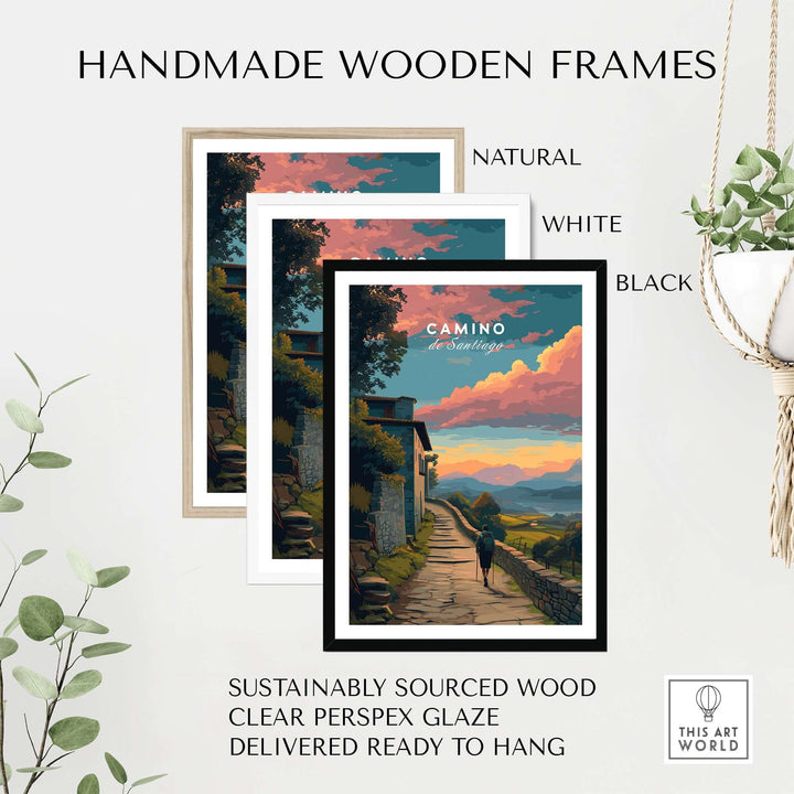 Camino de Santiago Sunset Path Print | Hiking Wall Decor Gift displayed in handmade wooden frames in natural, white, and black.