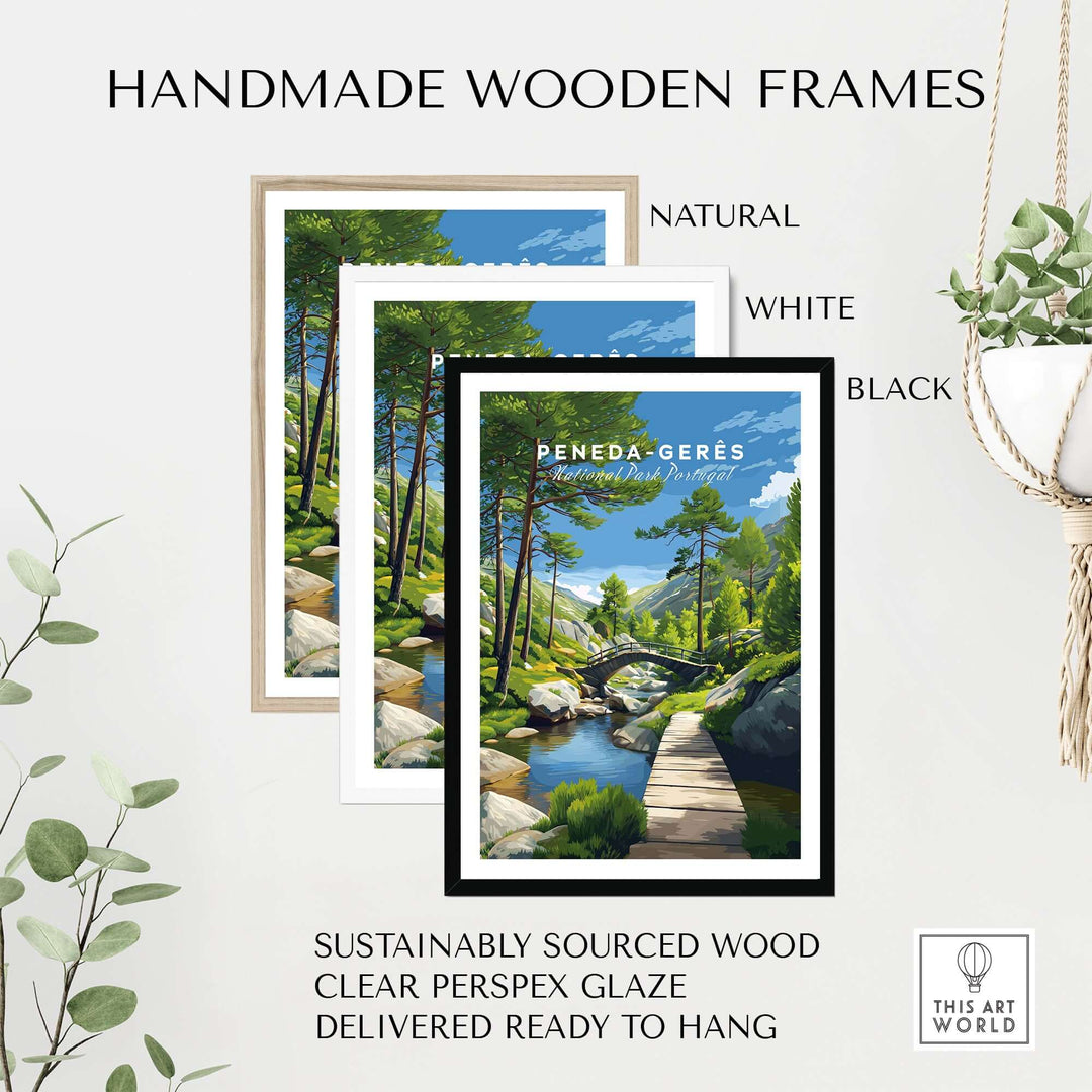 Gerês Portugal Print | Scenic Mountain Wall Art displayed in handmade wooden frames of natural, white, and black finishes.