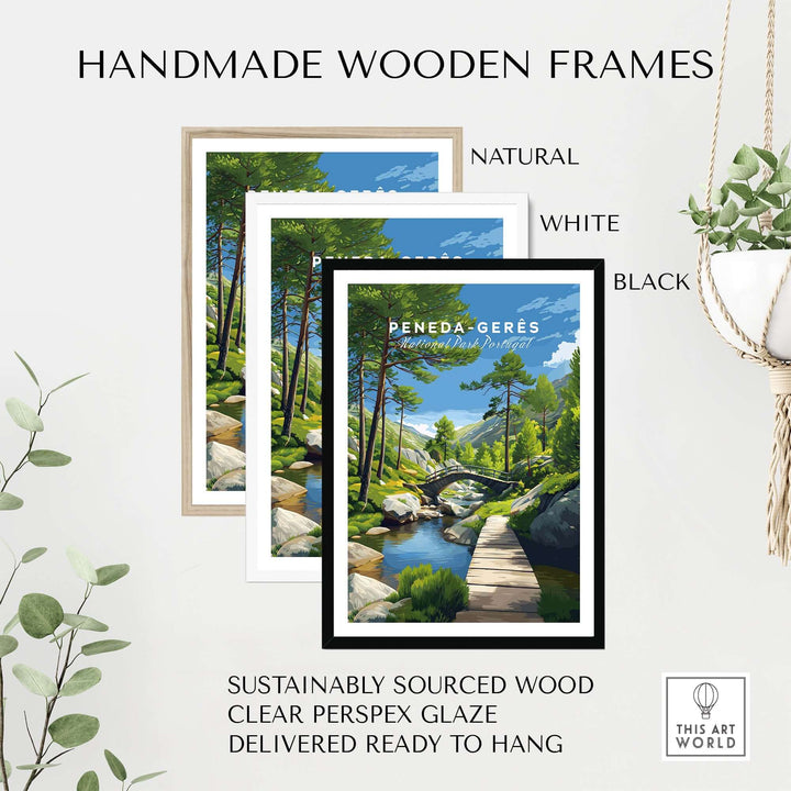 Gerês Portugal Print | Scenic Mountain Wall Art displayed in handmade wooden frames of natural, white, and black finishes.