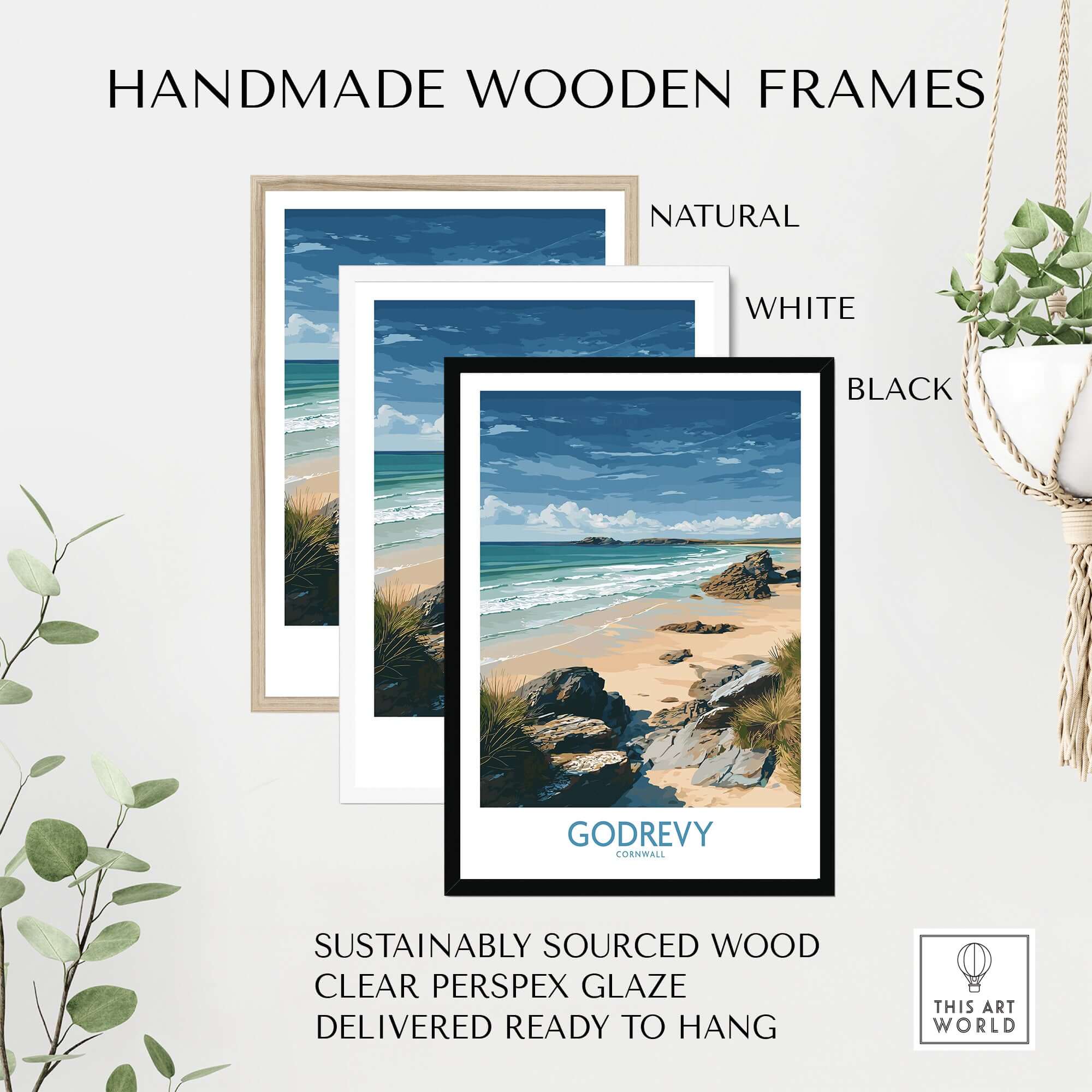 Godrevy Beach Poster - Cornwall Seascape Art Print - Coastal Travel Decor framed in natural, white, and black handmade wooden frames.