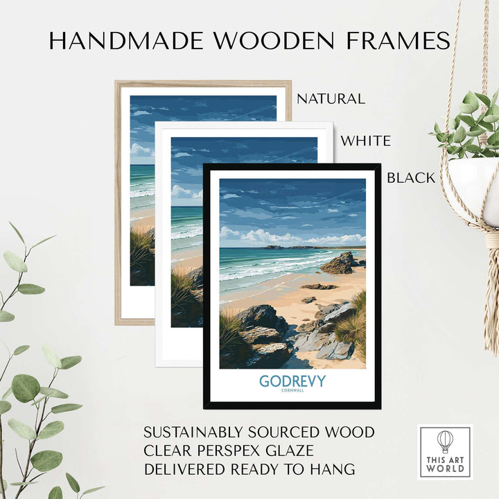 Handmade wooden frames in natural, white, and black for Godrevy Beach poster art print, sustainably sourced wood.