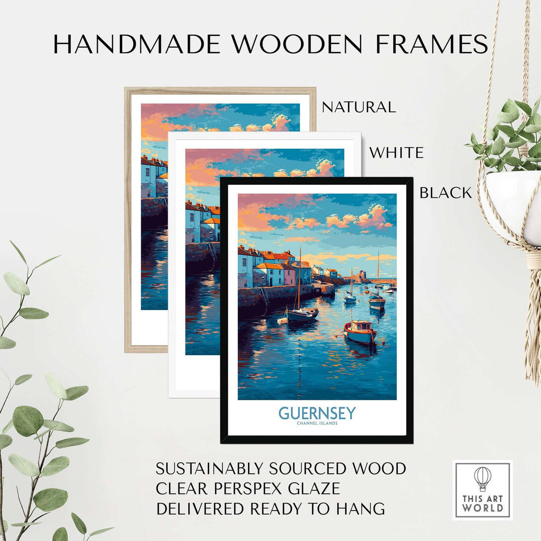 Handmade wooden frames for Guernsey Channel Islands Sunset Marina Art Print | Port Boat Reflections Poster in natural, white, and black.