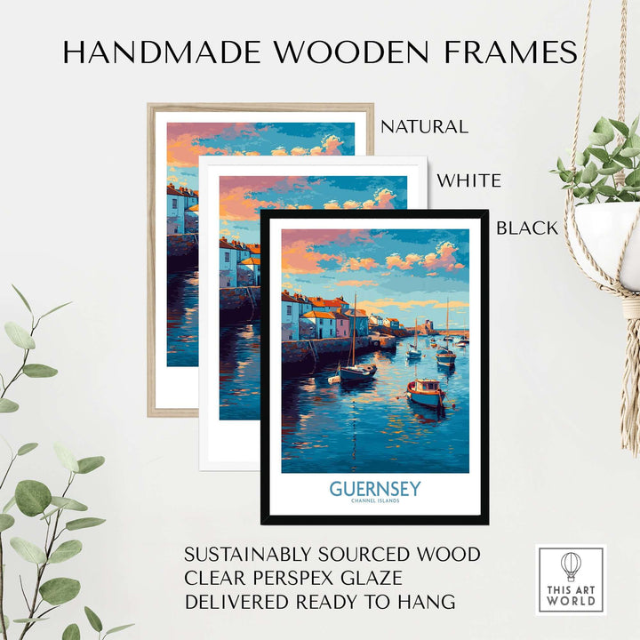 Handmade wooden frames for Guernsey Channel Islands Sunset Marina Art Print | Port Boat Reflections Poster in natural, white, and black.