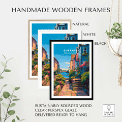 Handmade wooden frames in natural, white, and black colors showcasing Guernsey St Peter Port Steps Print for easy hanging.