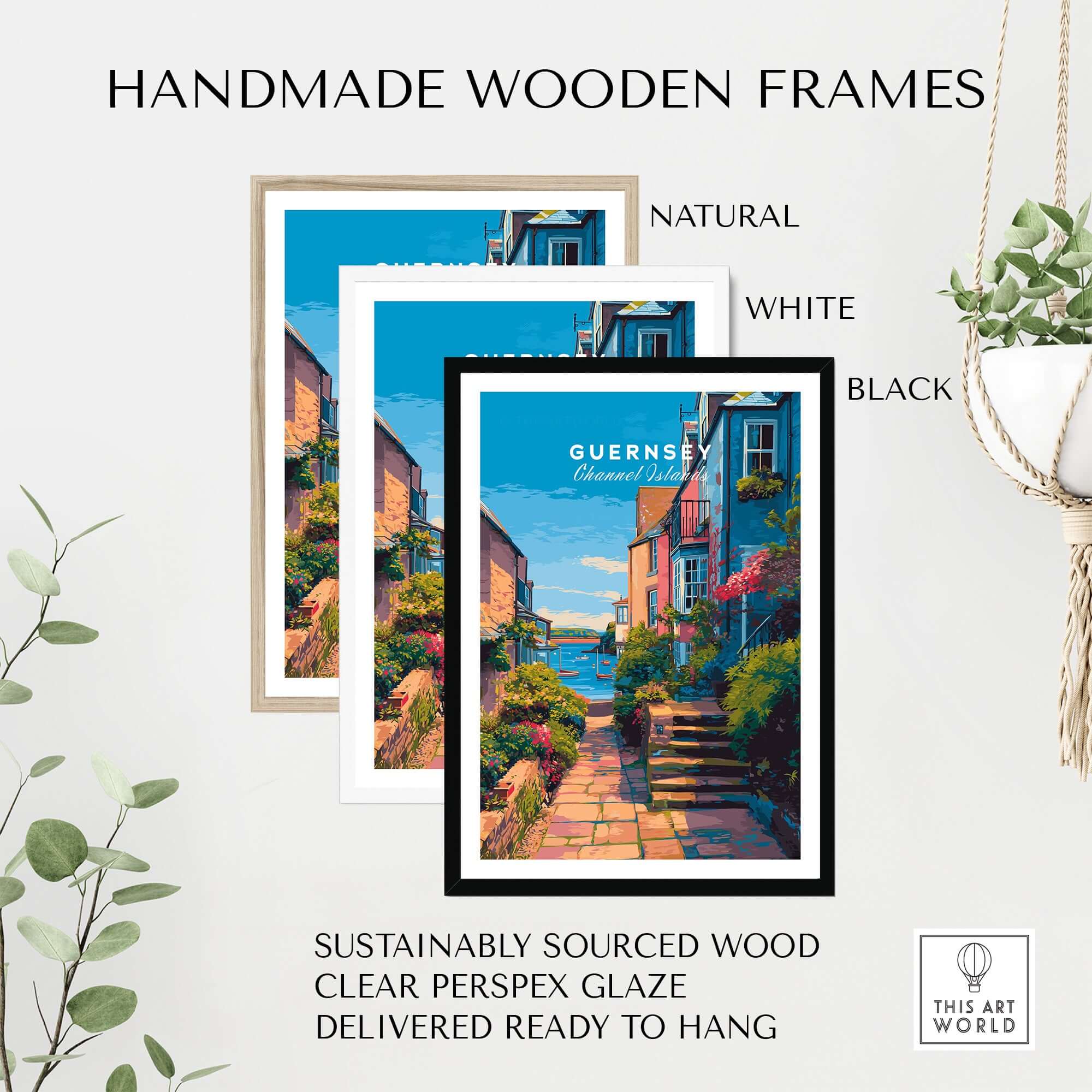 Handmade wooden frames in natural, white, and black colors showcasing Guernsey St Peter Port Steps Print for easy hanging.