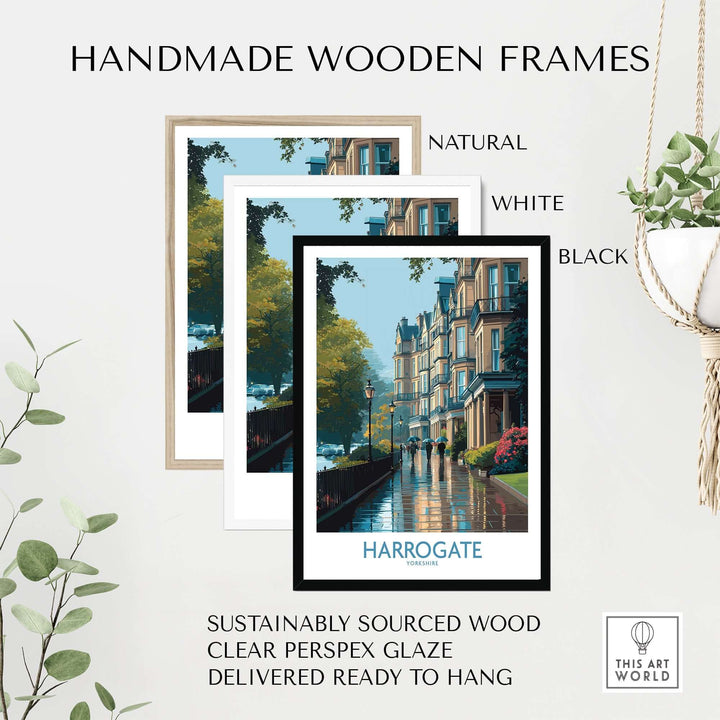 Harrogate Yorkshire Victorian Terrace Art Print | Rainy Street Poster in handmade wooden frames available in natural, white, and black.