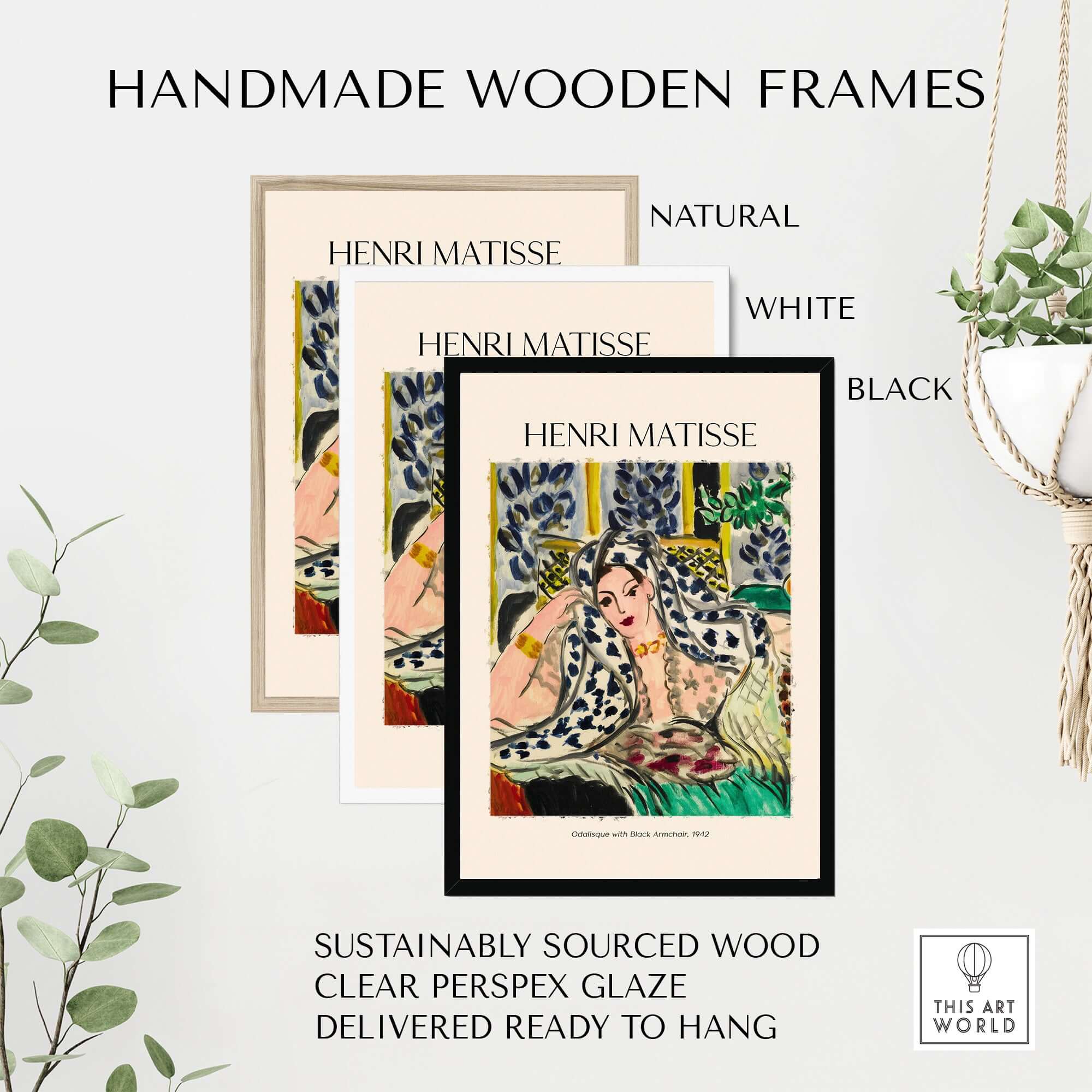 Handmade wooden frames displaying Matisse art posters in natural, white, and black finishes, ready to hang.