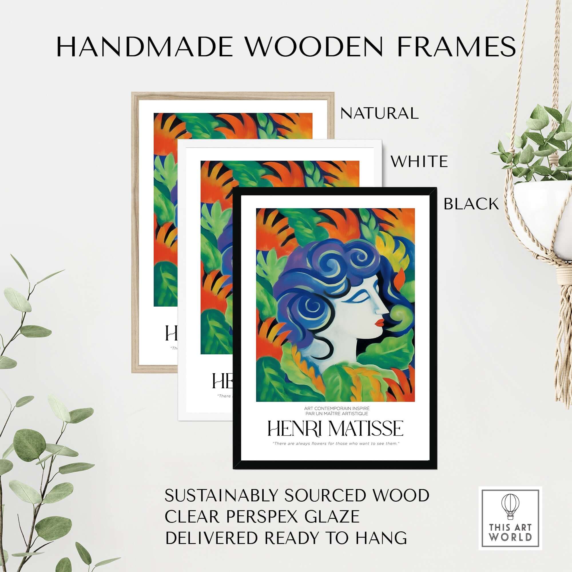 Matisse Art Prints - Woman with Flowers Abstract Art Print featuring handmade wooden frames in natural, white, and black.