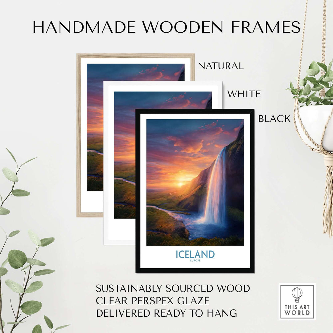 Iceland Wall Art | Seljalandsfoss Poster in handmade wooden frames, showcasing natural, white, and black options.
