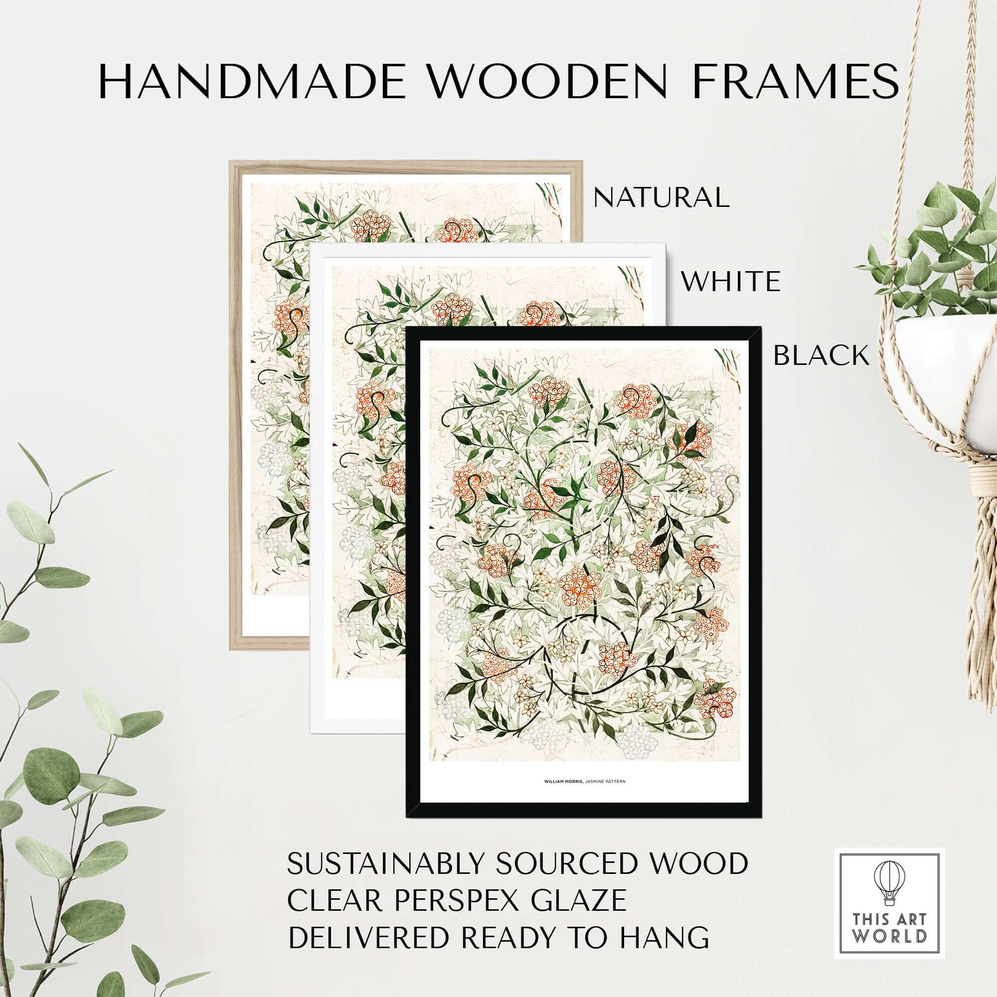 Handmade wooden frames in natural, white, and black for Exhibition Art Print William Morris Jasmine Pattern Floral Botanical Wall Art.