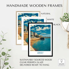 Handmade wooden frames for Jersey Channel Islands Harbour Promenade Art Print | St Helier Coastal Poster in natural, white, and black.
