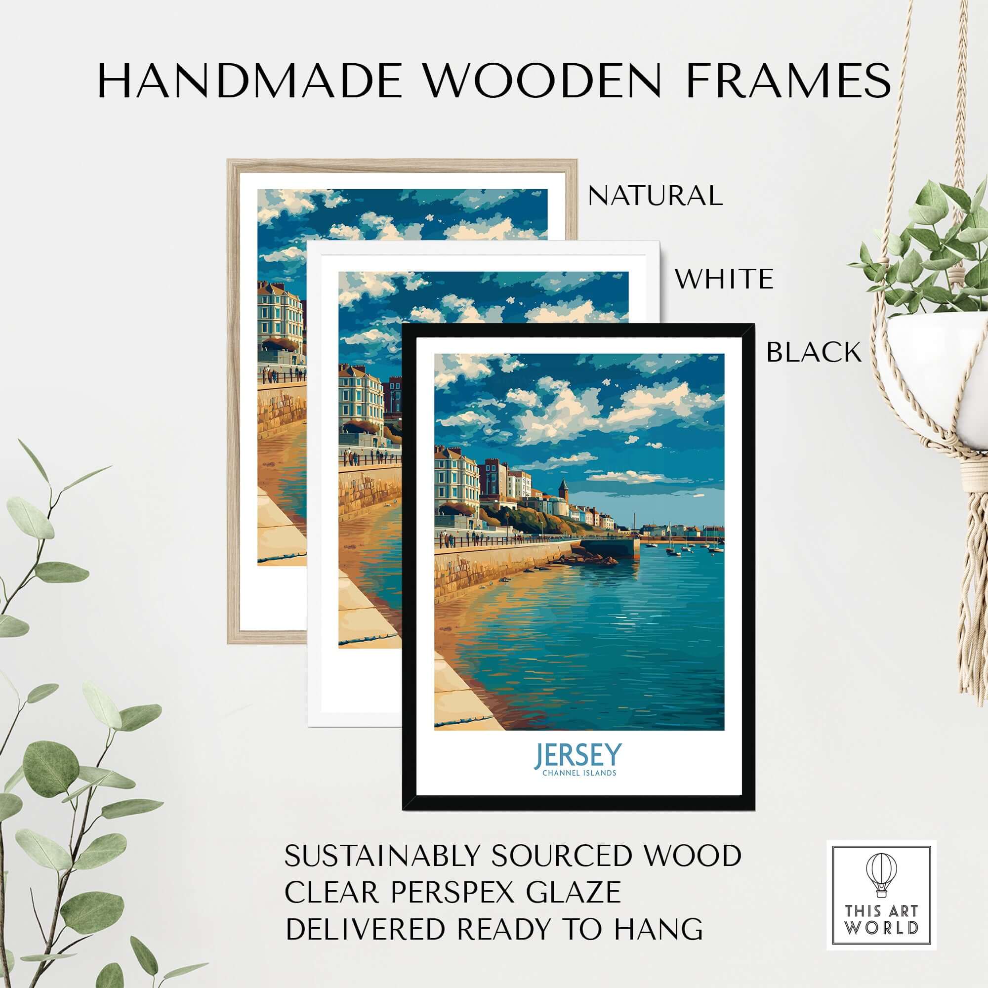 Handmade wooden frames for Jersey Channel Islands Harbour Promenade Art Print | St Helier Coastal Poster in natural, white, and black.