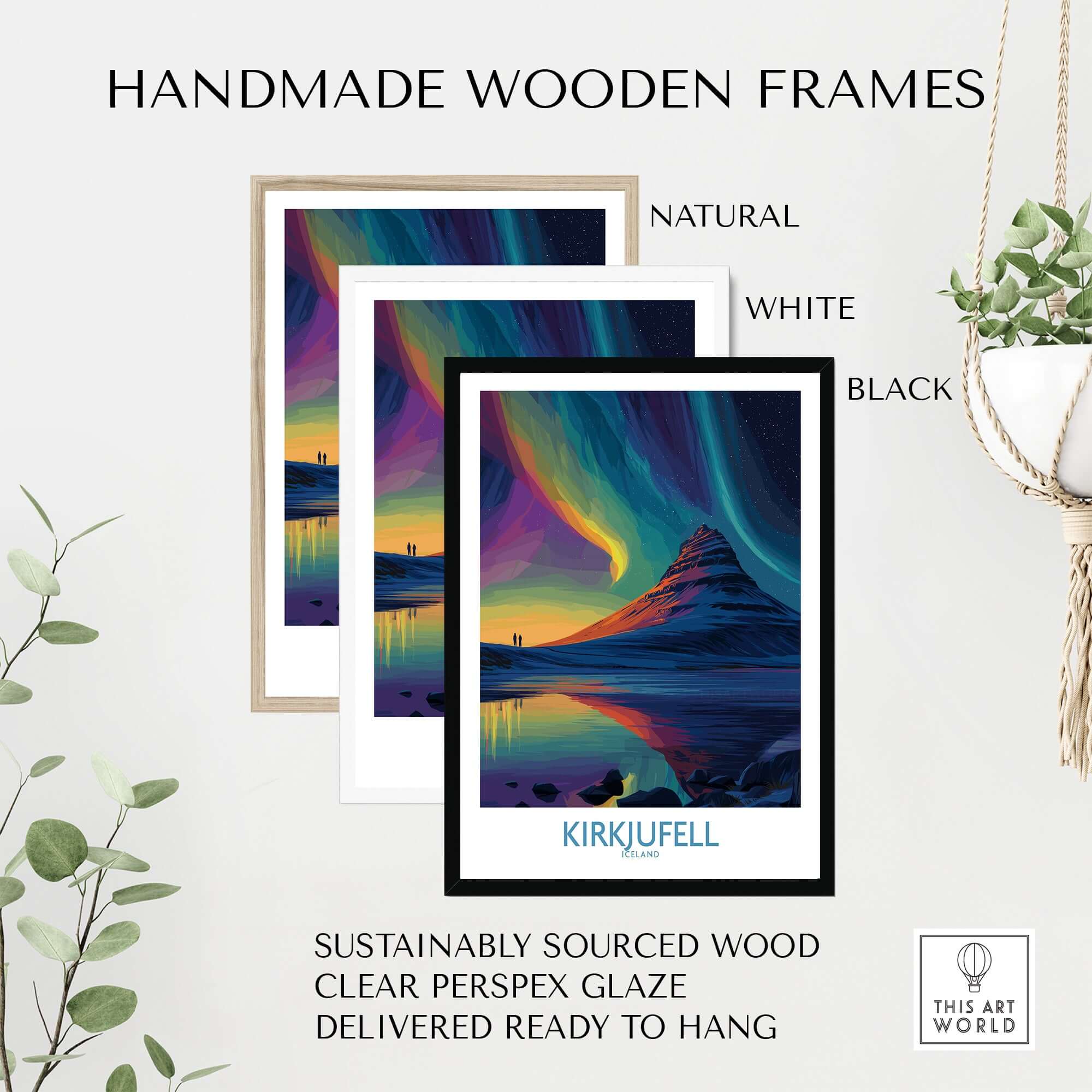 Handmade wooden frames for Kirkjufell Iceland Northern Lights Art Print | Aurora Borealis Mountain Poster, available in natural, white, and black.