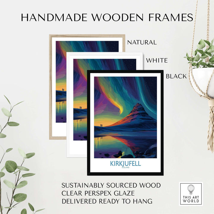 Kirkjufell Iceland Northern Lights Art Print | Aurora Borealis Mountain Poster framed in natural, white, and black wooden options.