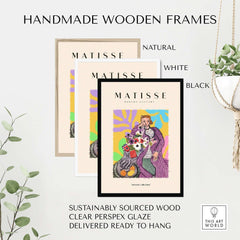 Matisse Art Prints - Stylized Woman with Flowers Fruit Still Life Interior Poster showcased in handmade wooden frames.